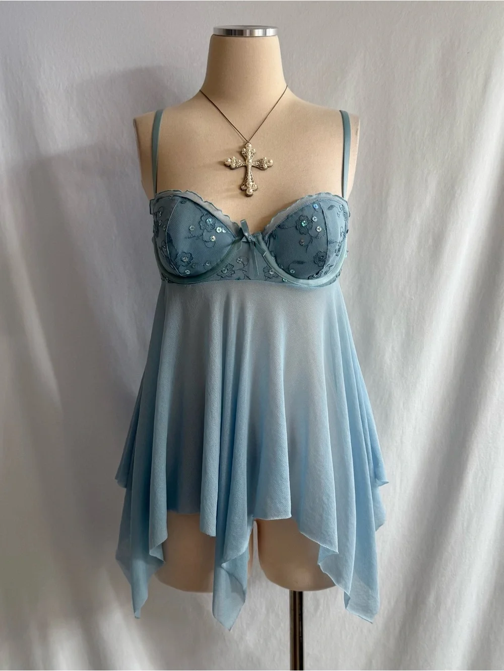 Light Blue Sheer Embroidered Babydoll Chemise